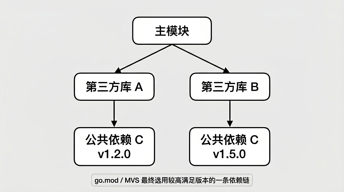 Go 模块：菱形依赖下对公共依赖 C 的多个版本要求